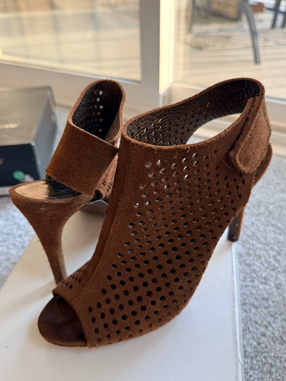 Pedro Garcia Women’s Open-Toe Perforated Suede High Heels - Brown size US 8 EU38
